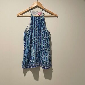Lilly Pulitzer Silk Halter Top Blue Aqua White Patterned Sleeveless